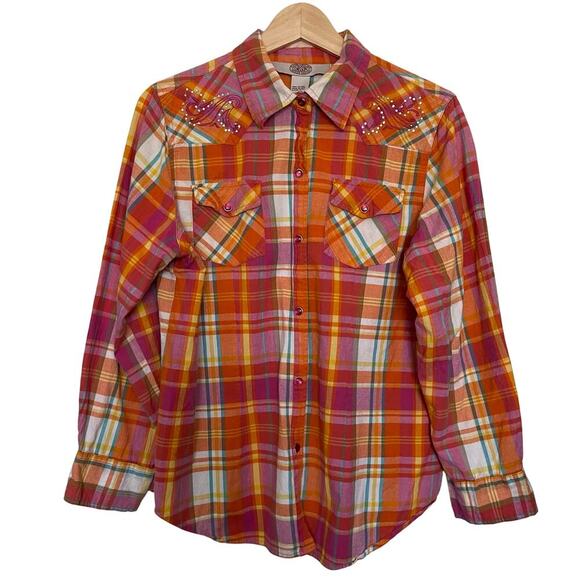 Gibson Shirt Orange Plaid Pear Snap Button Long Sleeve Western Rodeo Cowgirl L - Picture 1 of 8